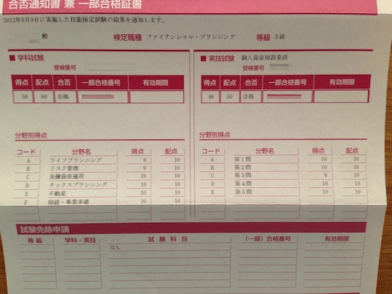 FP3級合否通知書 FP3級合否通知書