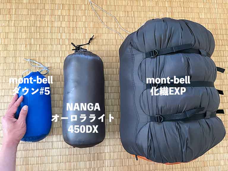 モンベル・NANGAの寝袋（ダウンと化繊の収納サイズの違い）