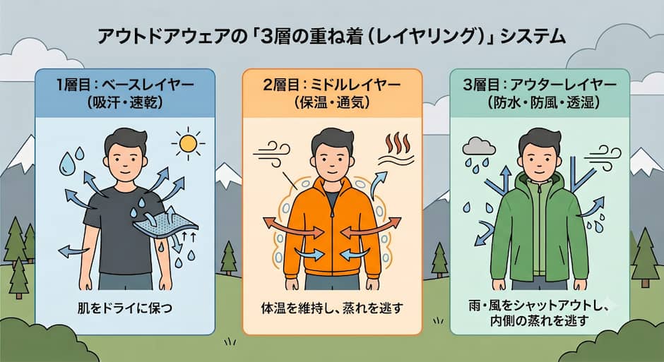 アウトドアウェアの3層のレイヤリングシステム